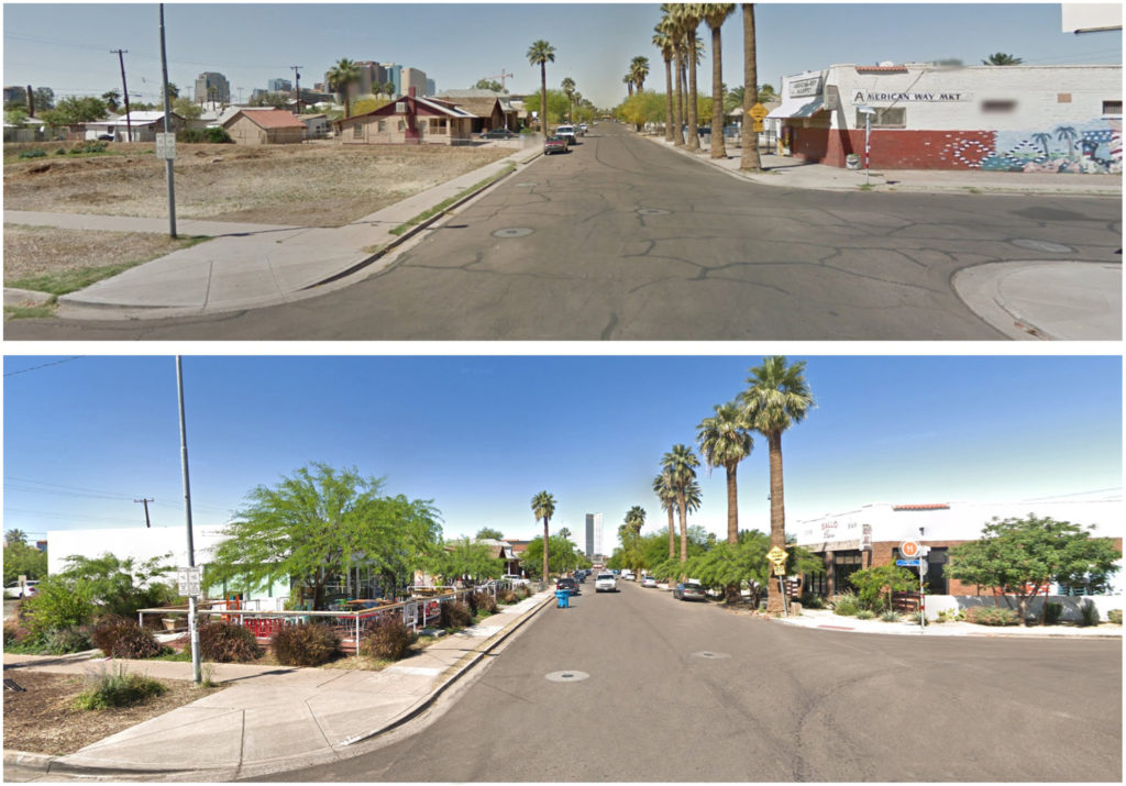 Example of an outcome from the ReInvent Phoenix Plan, Before and After, Northwest and Southwest Corners of 10th St and Pierce St, Phoenix, Arizona
Google StreetView – 2014 and 2020